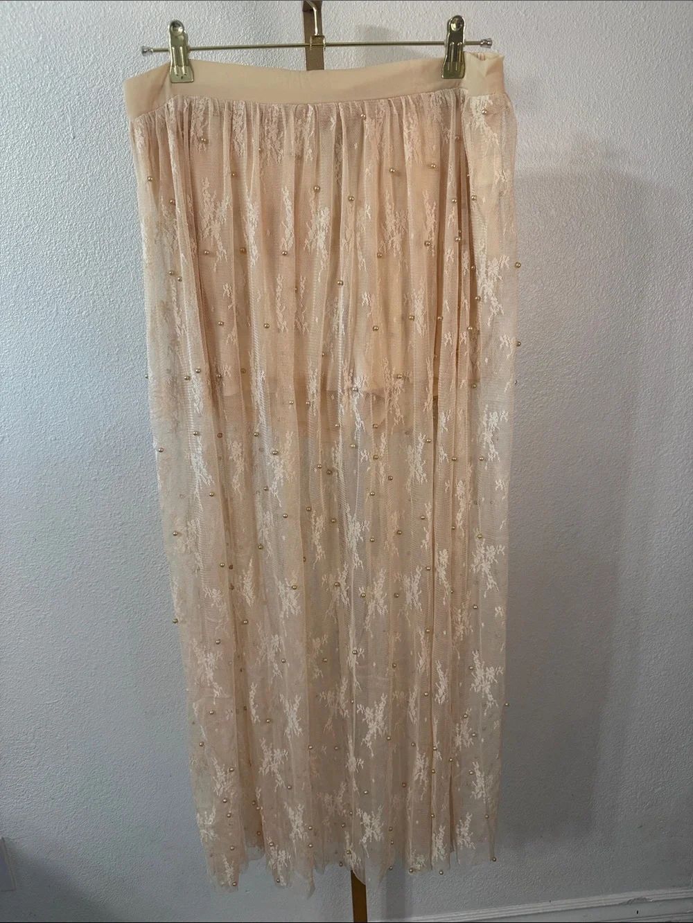 HAYDEN- Embroidered with pearl embellishments Beige Maxi Skirt- Large- NWT